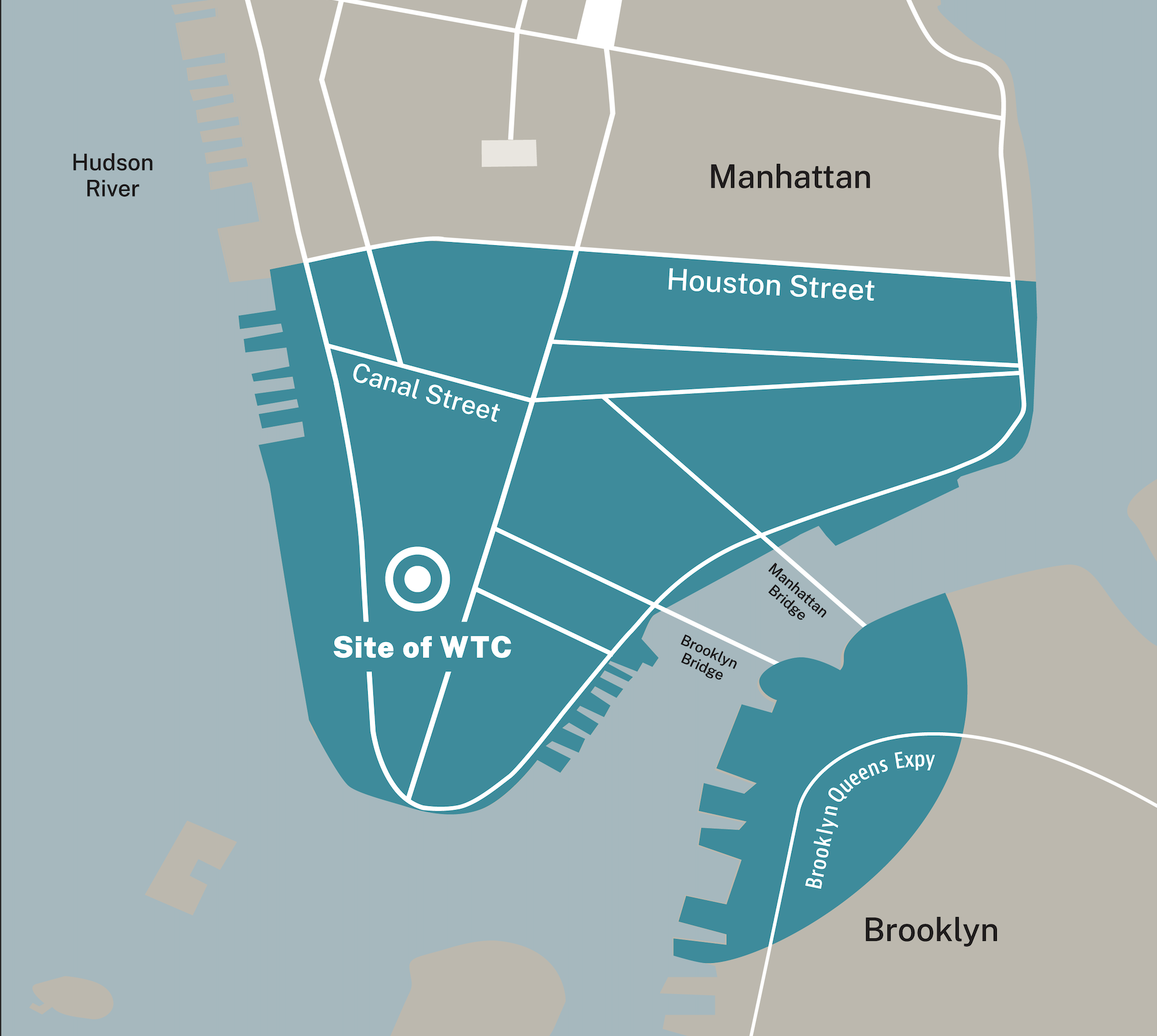 A map of the N.Y.C. Disaster Area, an area south of Houston Street in lower Manhattan and in Brooklyn within a 1.5-mile radius of the World Trade Center site.